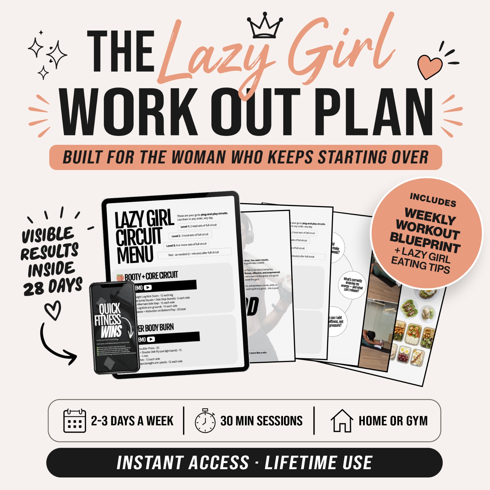 The Lazy Girl Workout Plan — complete digital bundle for women including circuit menu, workout PDFs, journal prompts, and eating guides